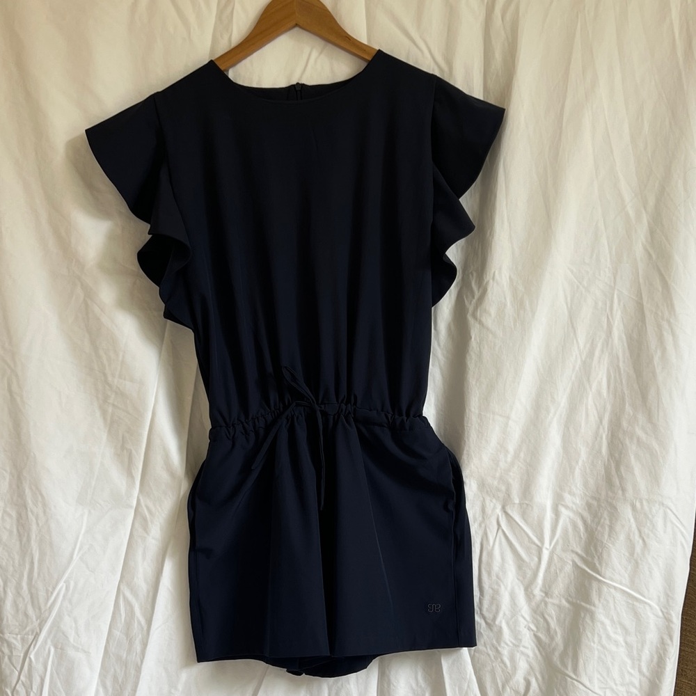 Chic Navy Ruffle Sleeve Romper